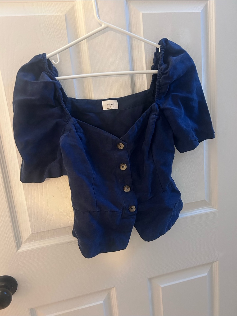 Wilfred Deep Blue Janine Puff Sleeve Button Front Blouse